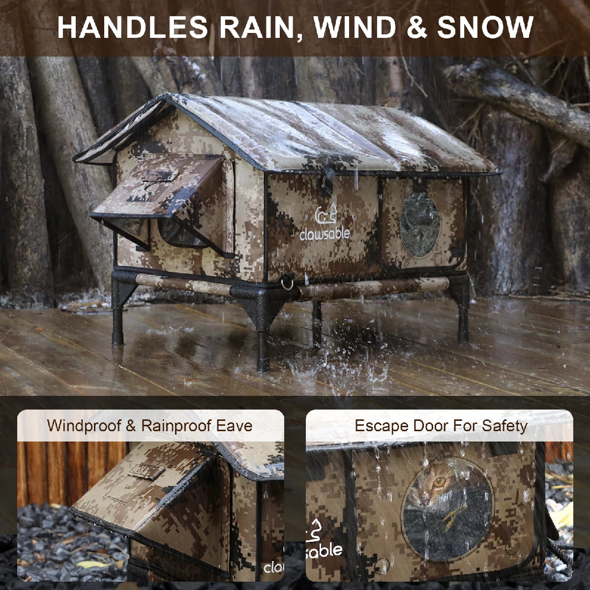Outdoor waterproof and windproof cat house with elevated base and escape door, ideal for keeping cats warm and dry in rain, wind, and snow.