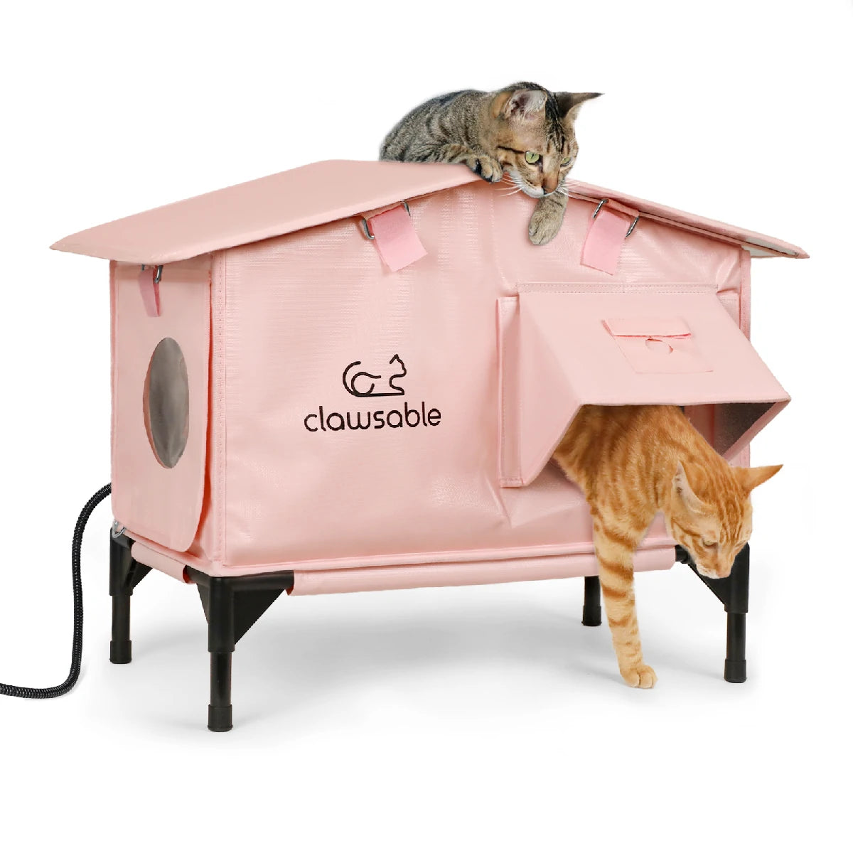 Pink heated outdoor cat house with roof design – flagship model, weatherproof and stylish