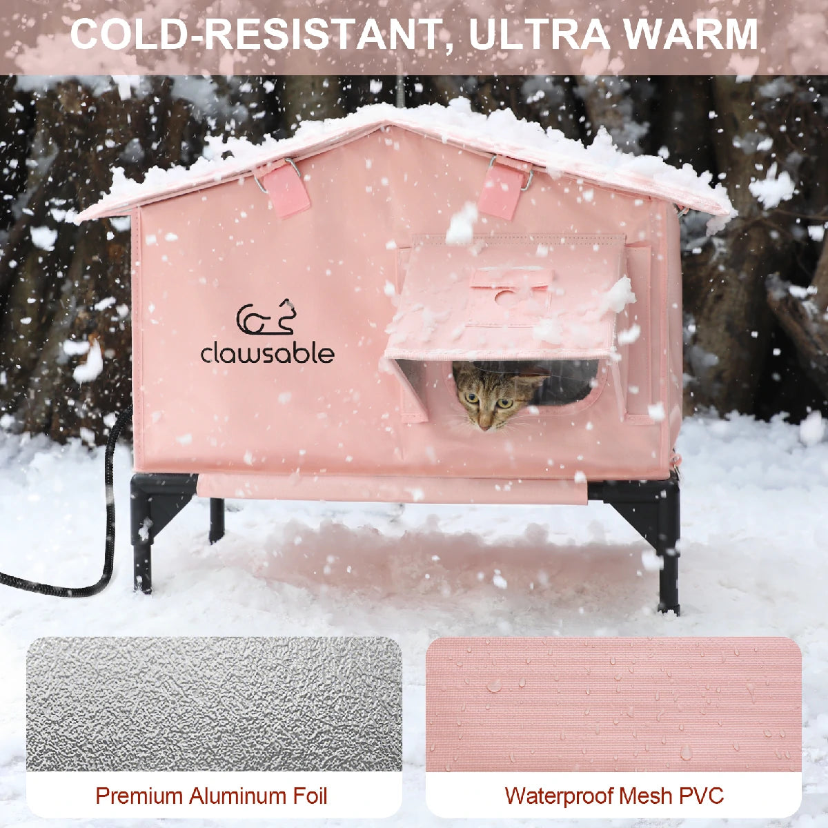 Pink heated cat house in snow, providing warmth and cold protection for outdoor cats
