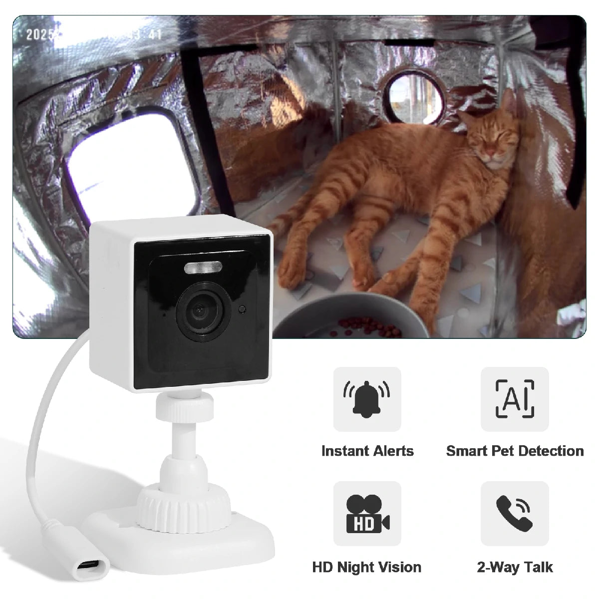 Smart pet camera with HD night vision, instant alerts, pet motion detection, and 2-way talk to monitor your cat anytime.