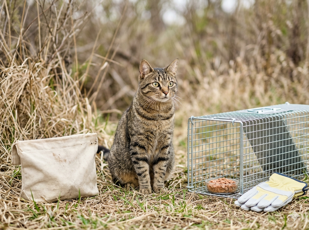 How can I safely approach and handle a stray or feral cat?