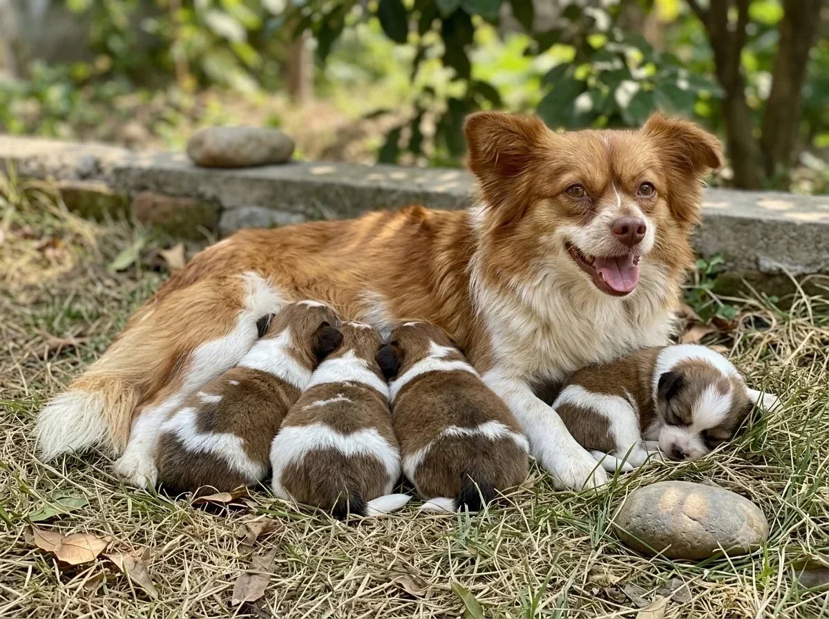 A gentle golden-brown stray mother dog resting warmly beside her newborn puppies, symbolizing animal protection and humane education.