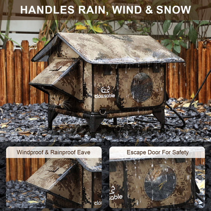 Cat house with camouflage pattern and 'clawsable' branding, designed to handle rain, wind, and snow.
