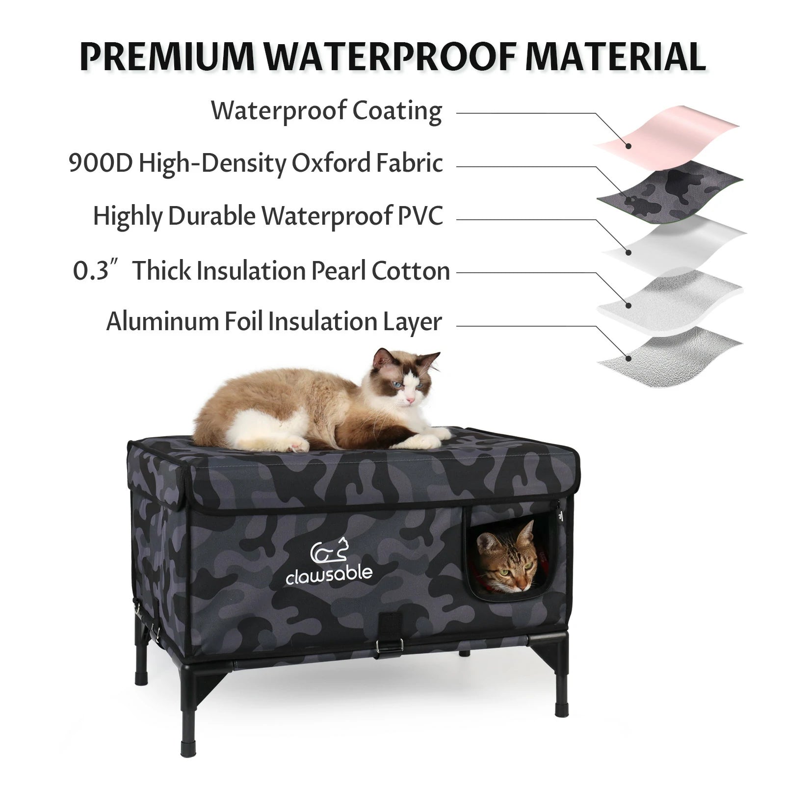 2 in 1 Outdoor Black Camo Elevated Top Openable Insulation Cat House Material