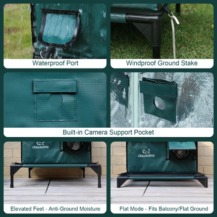 Versatile outdoor heated cat shelter with a unique flat mode for balconies and patios, plus a standard elevated mode. This green, insulated cat house includes a waterproof port, windproof stakes, and a camera support pocket for pet security.