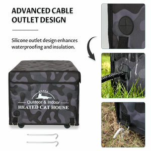 black camouflage top openable heated cat house waterproof insulated cable outlet design