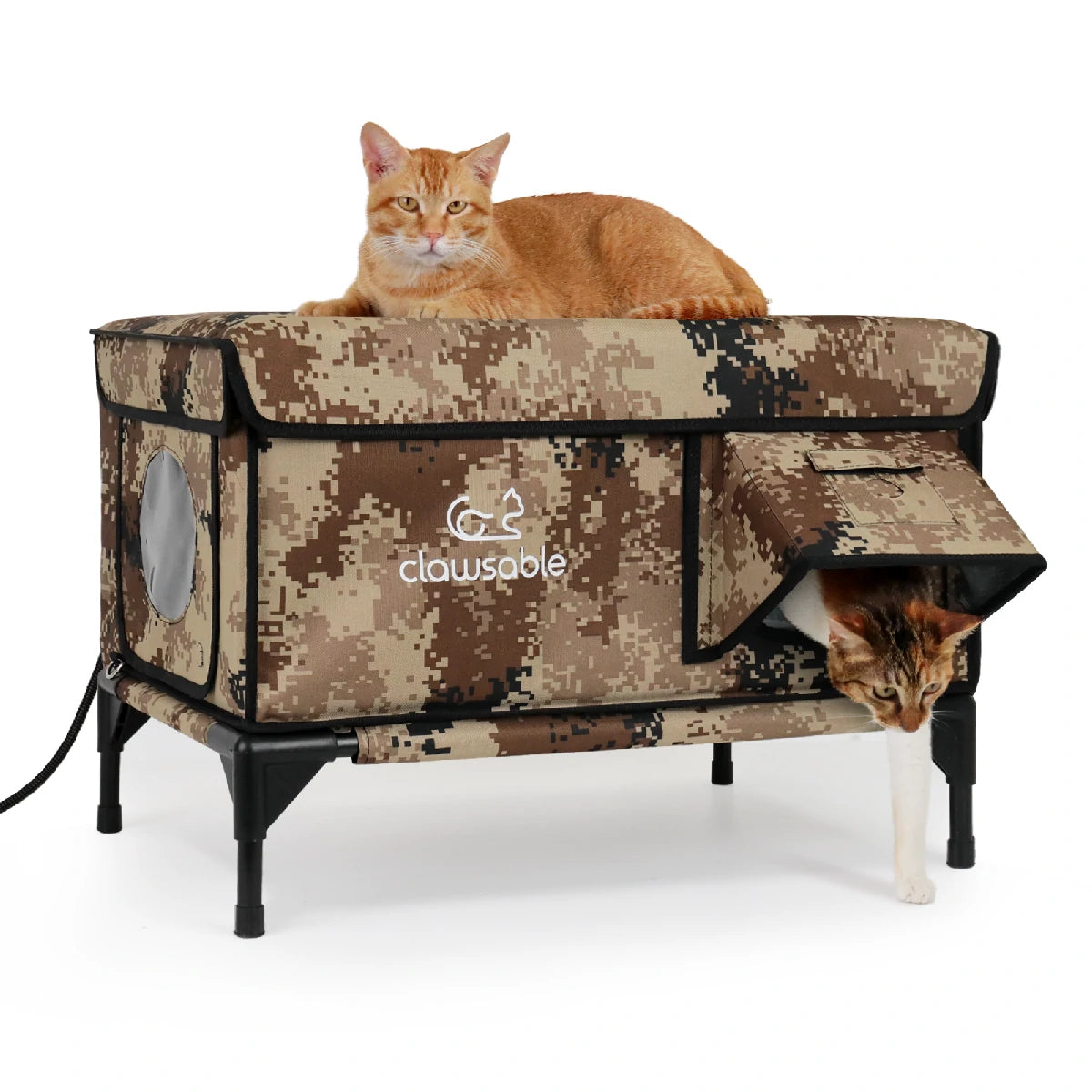 Two cats using camouflage outdoor heated cat house (dual-entry for pets)