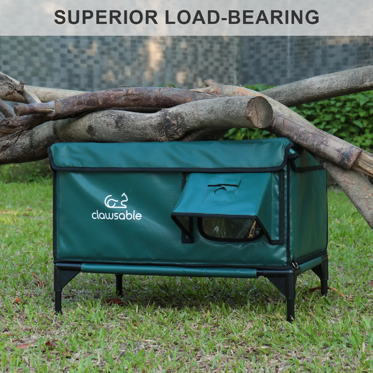 Durable wooden cat house showing superior load-bearing strength with heavy wooden blocks on top