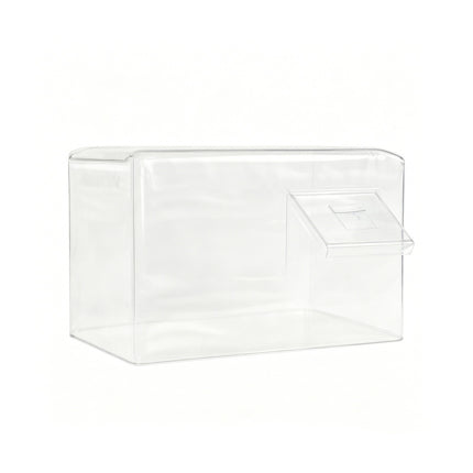 Clear plastic storage box with a lid on a white background