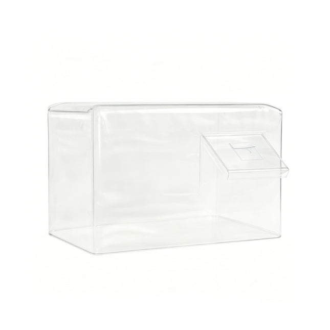 Clear plastic storage box with a lid on a white background