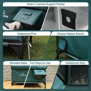 Close-up details of Clawsable cat house including camera port, waterproof cable hole, elevated base and ventilation