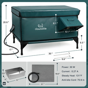 Dimensions and parts of Clawsable heated outdoor cat house with food bowl and heating pad