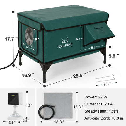 heated outdoor cat house with camera dimensions, heating pad size, and chew-resistant power cord length shown in detail