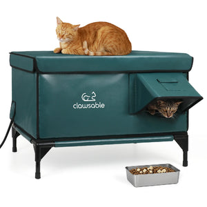 Clawsable heated outdoor cat house with two cats and stainless steel food bowl