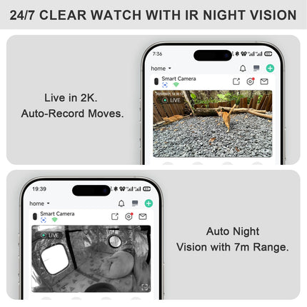 Smart camera with 24/7 clear watch and IR night vision features, displayed on a smartphone screen.