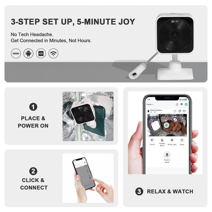 Product packaging with setup instructions and images of a camera and smartphone app.