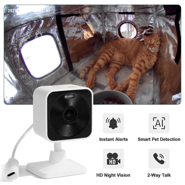 Pet camera with features like instant alerts, smart pet detection, HD night vision, and 2-way talk displayed on a screen showing a cat inside.
