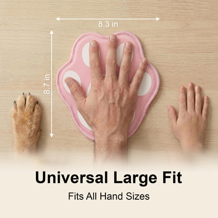 Hand and paw on a pink paw print mat with text 'Universal Large Fit Fits All Hand Sizes'.