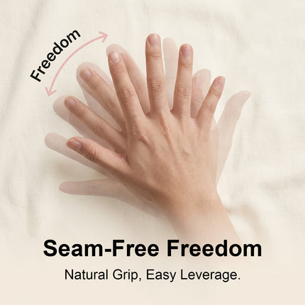 Hand with text 'Freedom' and 'Seam-Free Freedom' on a light background