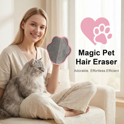 Woman sitting on a couch with a cat, holding a 'Magic Pet Hair Eraser' product.
