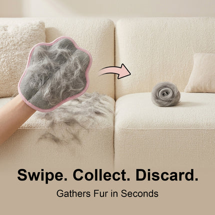 Pet grooming tool with collected fur on a couch, showing the process of swiping, collecting, and discarding fur.