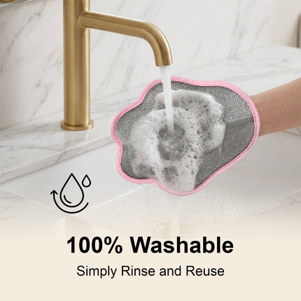 Mesh cleaning pad being rinsed under running water with text '100% Washable Simply Rinse and Reuse'.