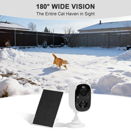 Cat walking in a snowy backyard with a security camera and solar panel in the foreground.