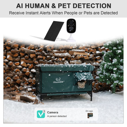 Outdoor security camera system with AI human and pet detection feature, displayed against a snowy background.