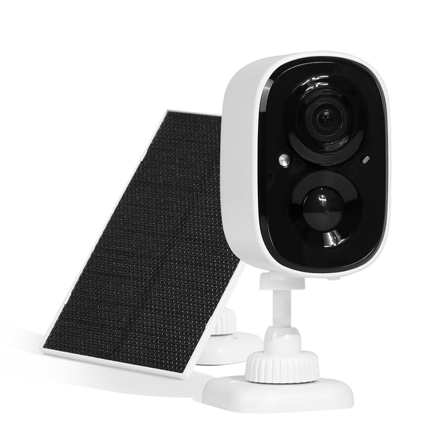 Security camera with solar panel on a white background