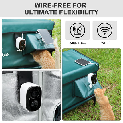 Pet door with wireless and Wi-Fi technology, showing a cat using it.