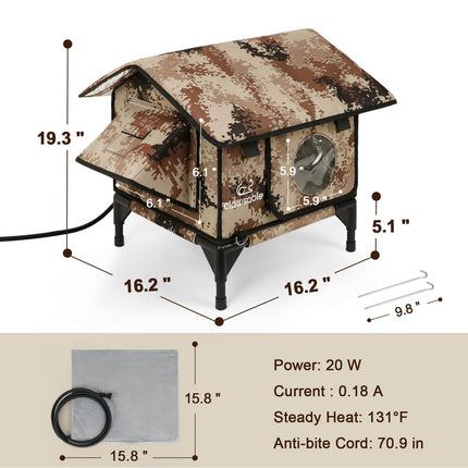Camouflage-patterned device with dimensions and specifications on a white background