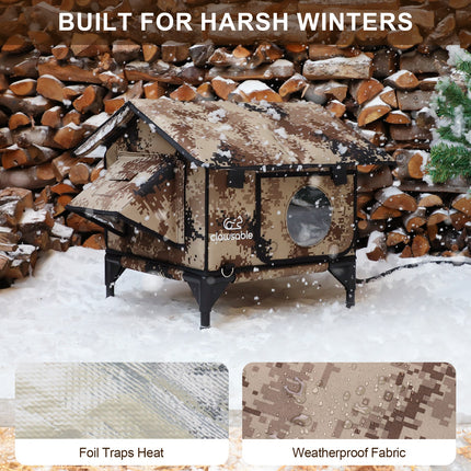 Camouflage-style animal shelter in a snowy landscape with text 'Built for Harsh Winters'.