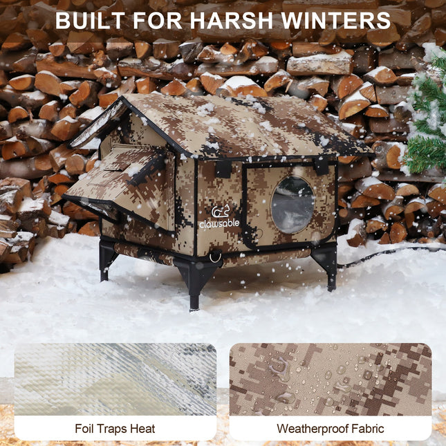 Camouflage-style animal shelter in a snowy landscape with text 'Built for Harsh Winters'.