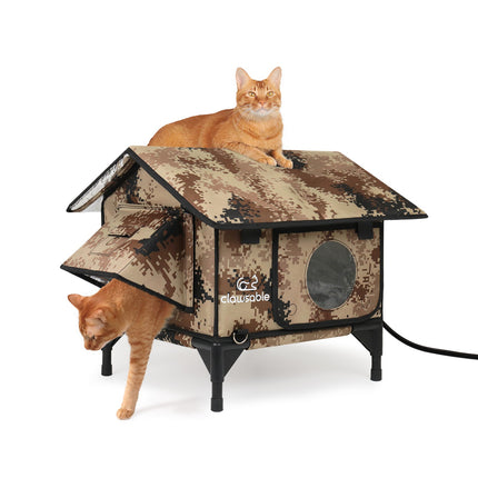 Camouflage cat house with two cats on a white background