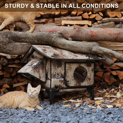 Cat house on a pile of logs with cats around, emphasizing durability.