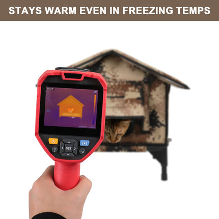 Thermographic camera being used to check a cat house with text 'Stays warm even in freezing temps'.