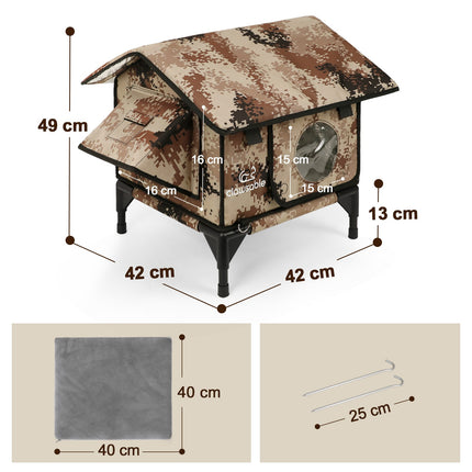 Camouflage-patterned pet house with dimensions labeled on a white background