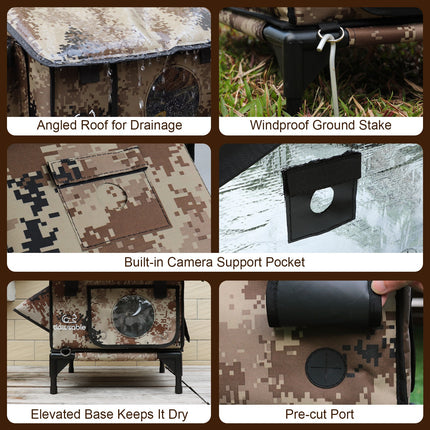 Collage of features and components of a camouflage hunting blind with text labels.
