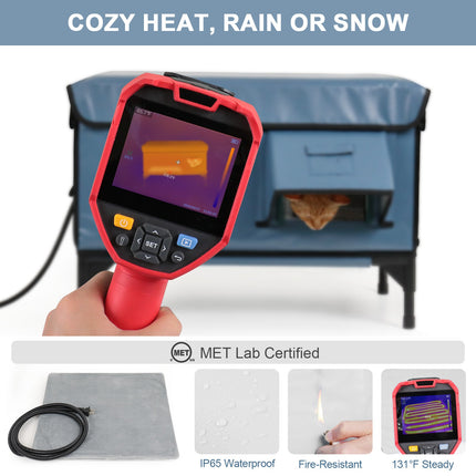 Thermographic camera held in front of a blue tent with text 'Cozy Heat, Rain or Snow'.