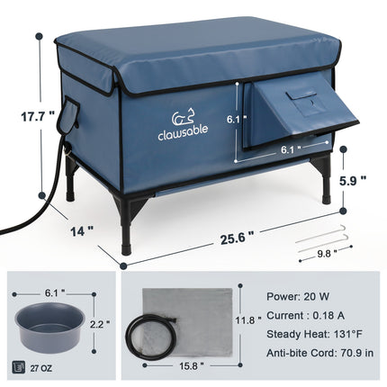 Blue pet heating pad with dimensions and specifications on a white background