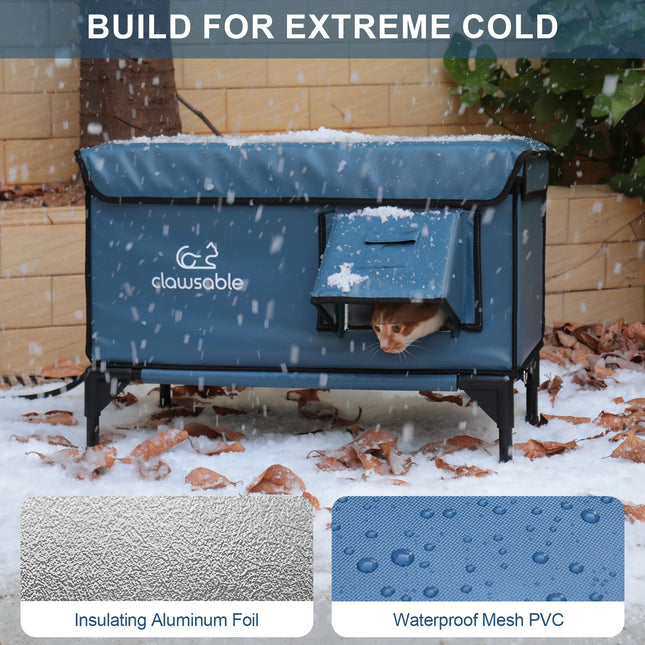 Blue pet shelter with a cat peeking out, designed for extreme cold, featuring insulating aluminum foil and waterproof mesh PVC.