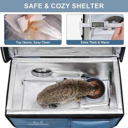Pet shelter with a cat inside, featuring text 'Safe & Cozy Shelter' and images of ease of cleaning and thickness.
