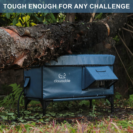 Blue outdoor furniture piece with 'clawsable' logo on a natural background