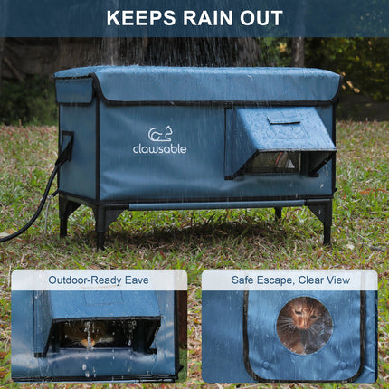 Blue pet enclosure with 'clawsable' branding, showing features like outdoor-ready eave and safe escape.
