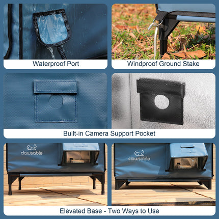 Collage of features of a blue outdoor shelter with text labels.