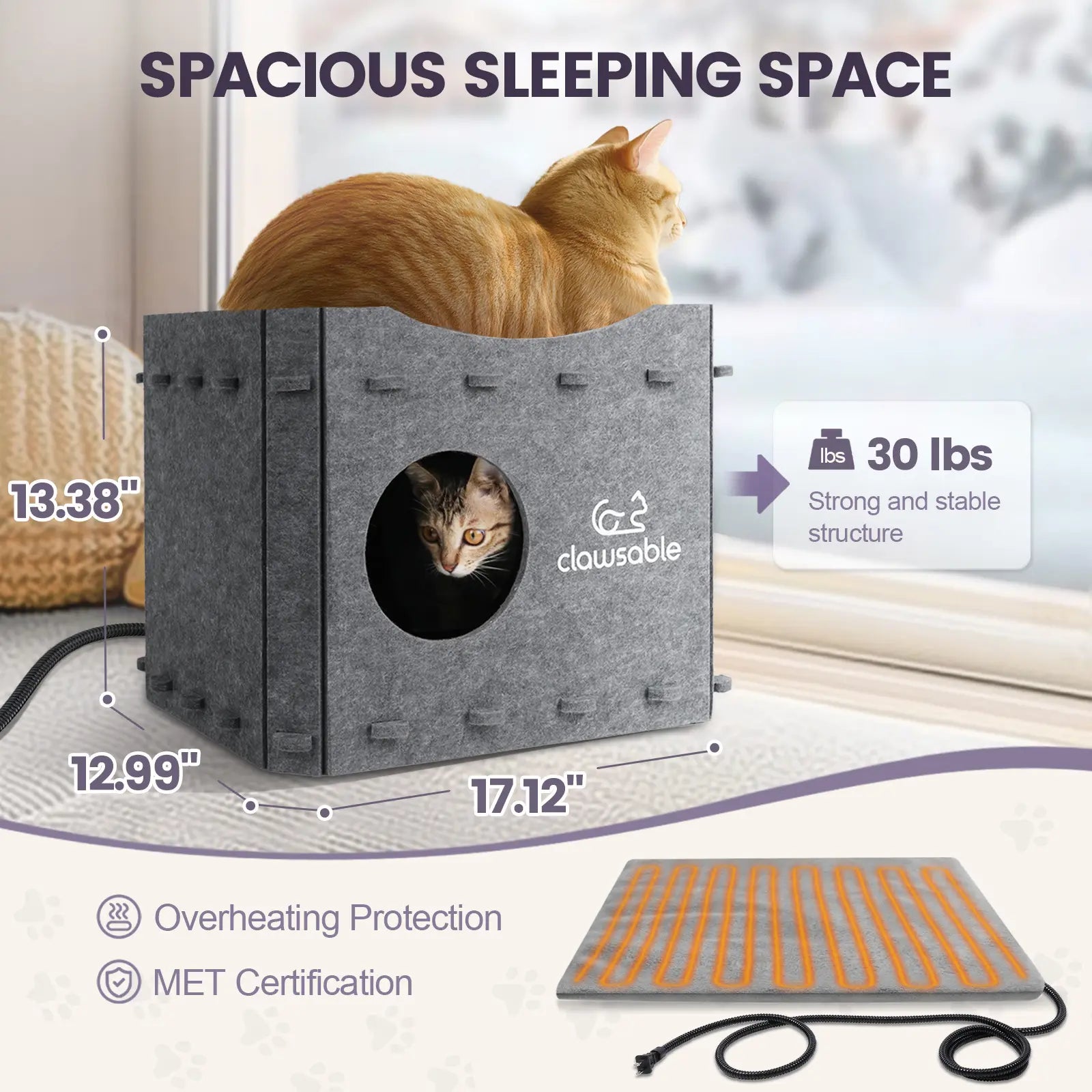 Double-Layer Constant-Temp Heated Felt Cat Bed Castle