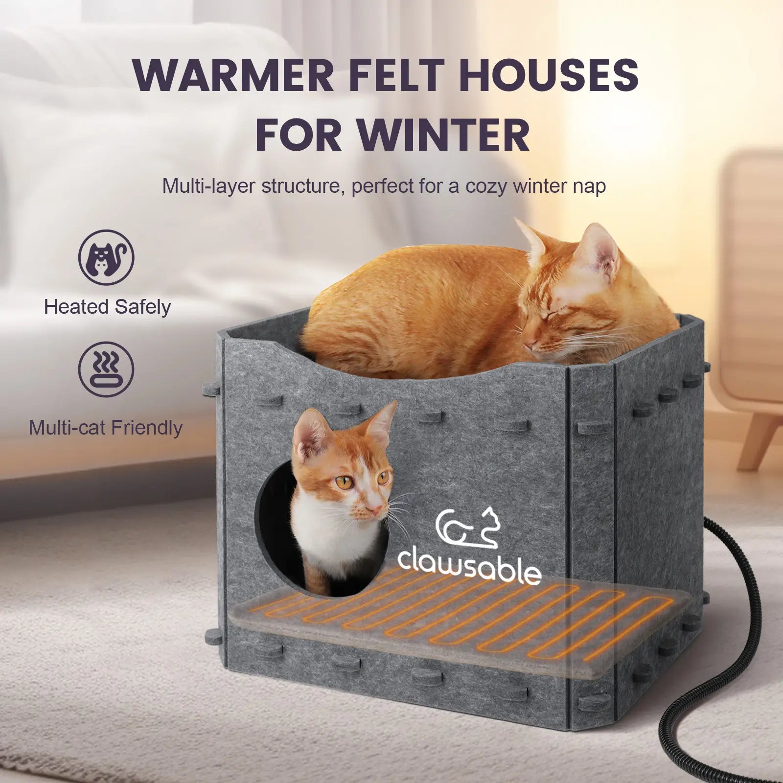 Clawsable Heated Double Layer Felt Cat Bed Castle Warm for Indoor Cats