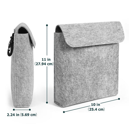Gray felt lunch bag with dimensions on a white background