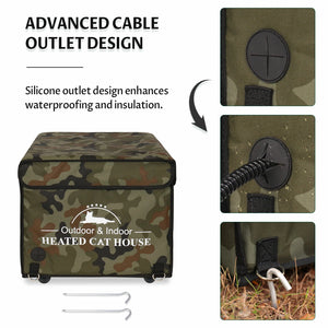 green camouflage top openable heated cat house waterproof insulated cable outlet design