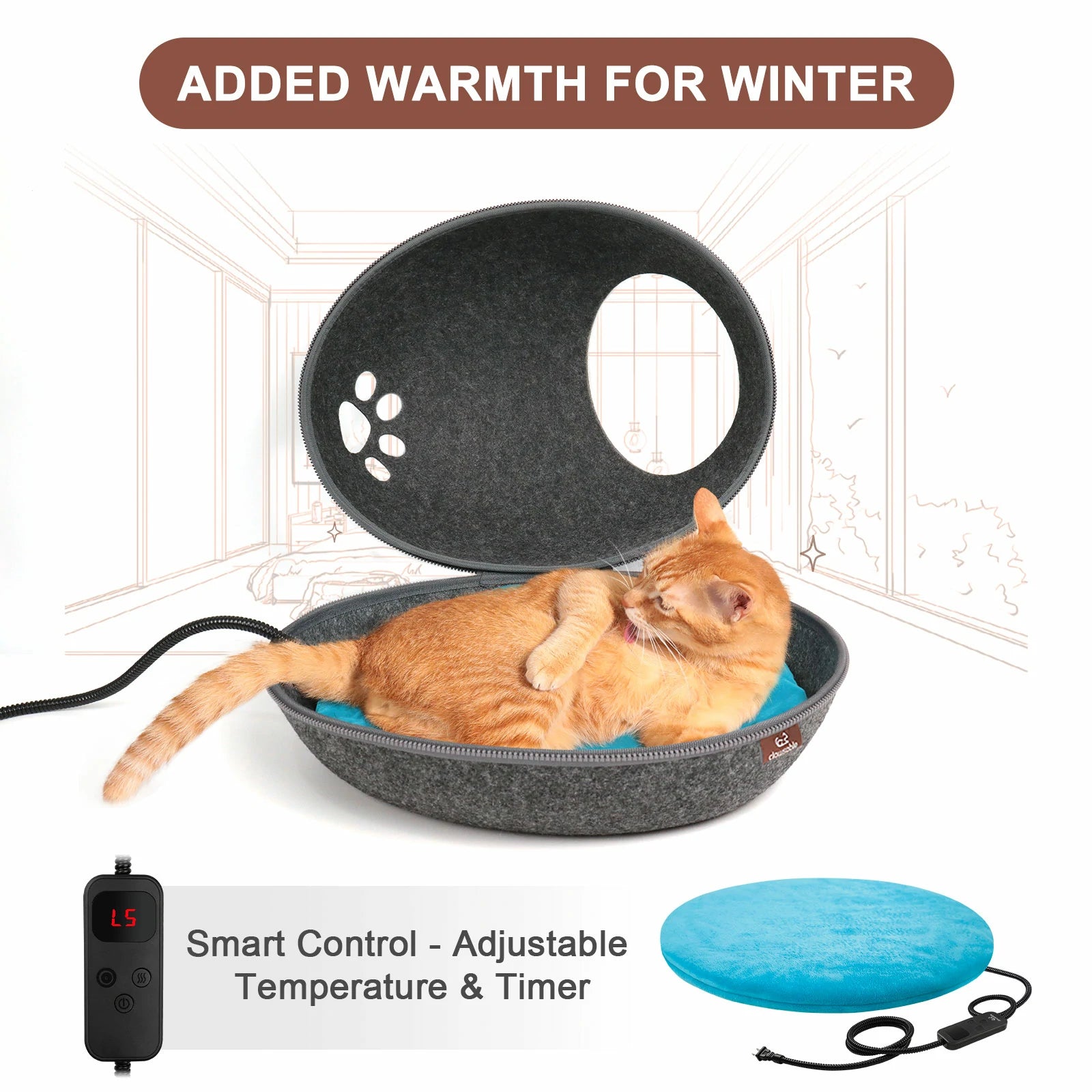 heated cat bed nest dark gray adjustable temperature